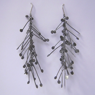 Fiona DeMarco Chaos long dangling wire earrings, oxidised