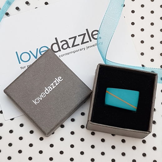 Gift wrapped deep turquoise square resin ring