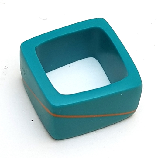 Deep turquoise square resin ring with bright orange stripe inlayed