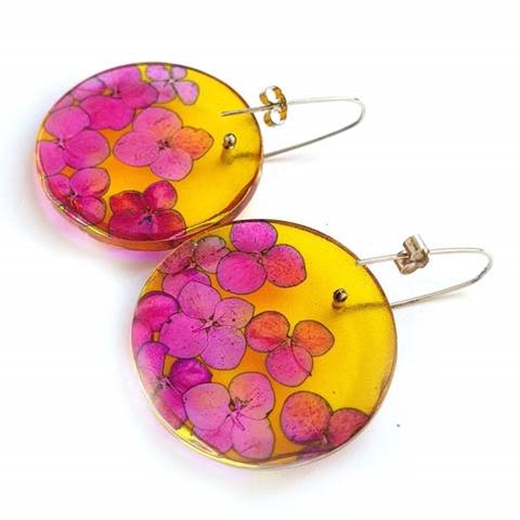 Yellow & Pink Hydrangea Disc Earrings (side)