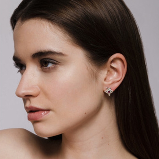 Model Wearing Ruby Cluster Stud Earrings